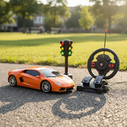 Auto Control Remoto Volante Pedalera Semáforo Luz Sonido Rc Rojo