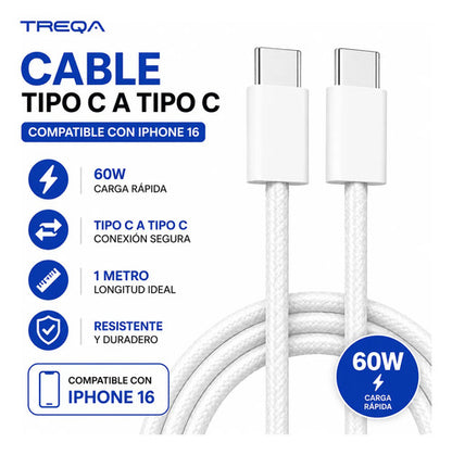 Cable Datos Tipo C A Tipo C 60w Carga Rapida 1m Ios Usb C Blanco