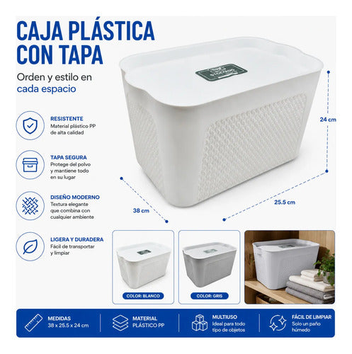 Canasto Caja Organizador Plastico Tapa 38cm Baño Cocina Blanco Texturado Tipo Tejido / Ratán Plástico