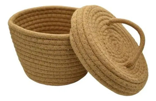 Canasto Cesto Organizador Tejido Cuerda Algodón Tapa 12x14cm Marrón