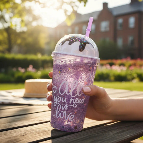 Vaso Acrílico Helado Doble Pared Sorbito 450ml Tapa Lila