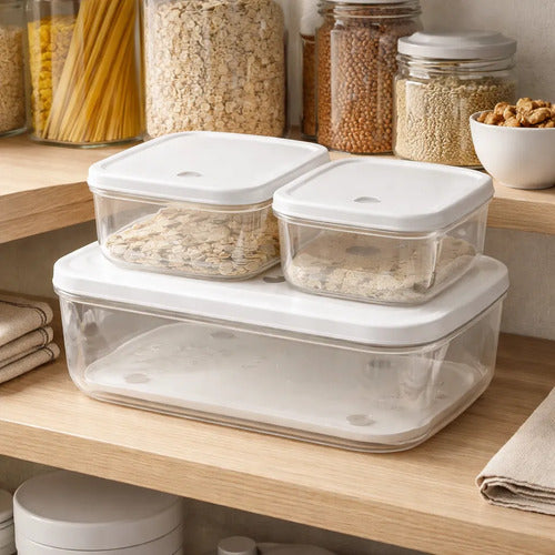 Set Recipientes Acrilicos Cocina Tapa Pack X3 Frasco Blanco