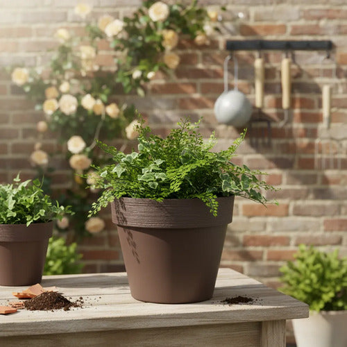 Maceta Plastica Redonda Decorativa 35x30cm Jardin Exterior Marrón
