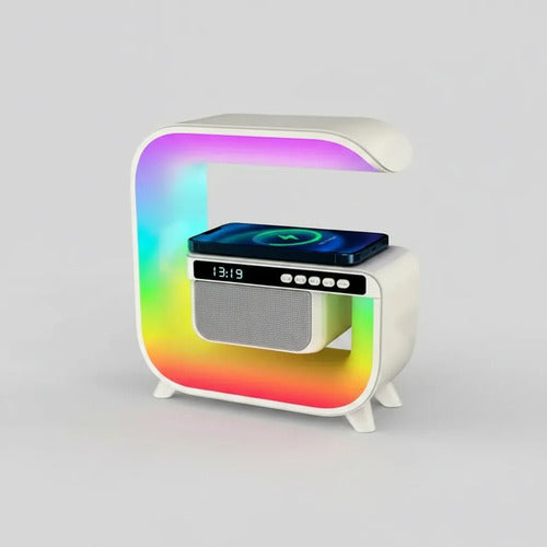 Parlante Cargador Inalambrico Bluetooth Reloj Led Rgb Blanco