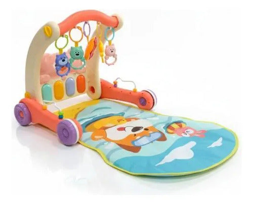 Gimnasio Andador Bebé 2 En 1 Piano Alfombra Rosa Con Beige