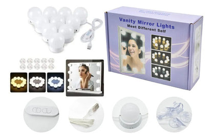 Kit 10 Focos Lamparas Luz Led Espejo Usb Maquillaje Camarin Blanco Cálido