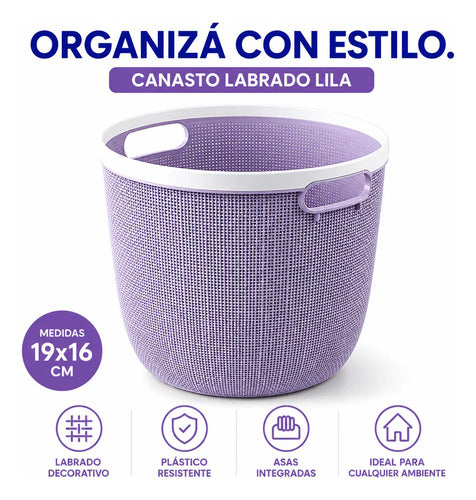 Canasto Cesto Plástico Labrado Multiuso Asa 19cm Organizador Lila