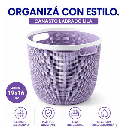 Canasto Cesto Plástico Labrado Multiuso Asa 19cm Organizador Lila