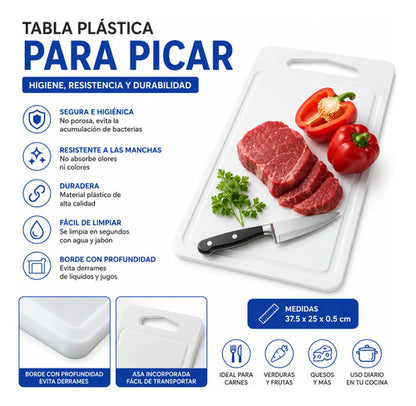 Tabla Cocina Plástica Ranura Picar Antiderrame 37,5x25cm Liso Blanco