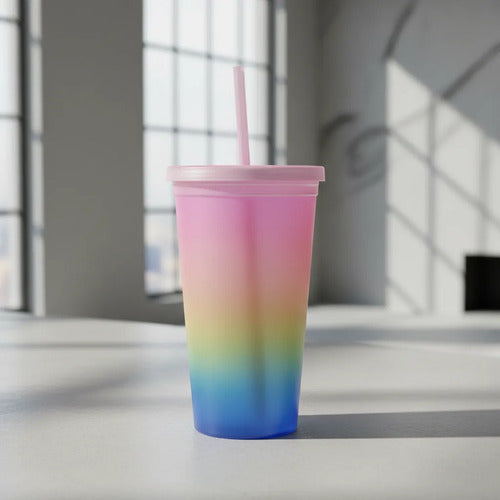 Vaso Acrílico Multicolor 450ml Con Sorbito Y Tapa Bebida Multicolor