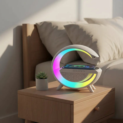 Parlante Bluetooth Cargador Inalámbrico Reloj Luz Led Usb Tf Blanco