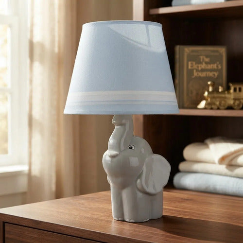 Lámpara Mesa Cerámica Elefante Infantil 37cm Velador Celeste