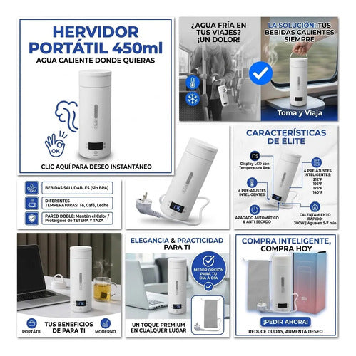 Hervidor Electrico Portatil Acero Portatil 450ml Hogar Termo Blanco