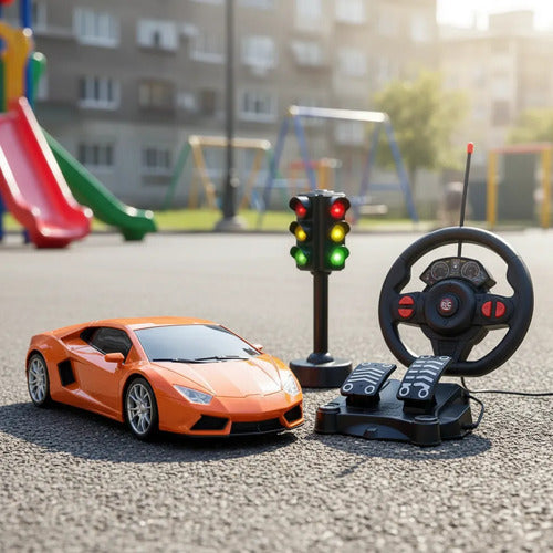Auto Control Remoto Volante Pedalera Semáforo Luz Sonido Rc Naranja