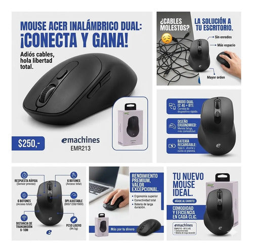 Mouse Bluetooth 2.4g Recargable 1600 Dpi Ergonomico Usb C Negro