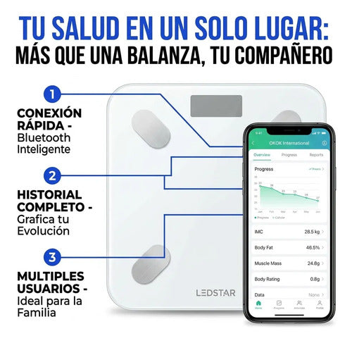 Balanza Digital Ledstar Inteligente App Bluetooth Grasa Masa Negro