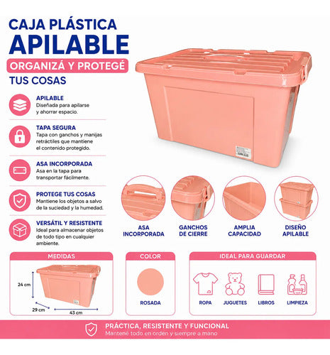 Caja Organizadora Plástica Apilable Tapa Asa 43x29cm Ganchos Rosa