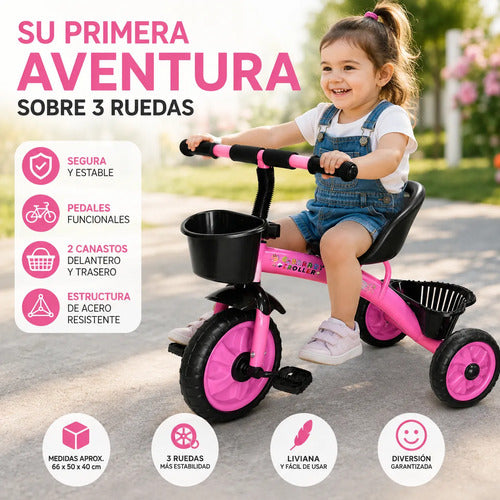 Triciclo Bicicleta Infantil 3 Ruedas Pedales 2 Canasto Acero Rosa