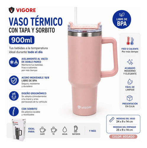 Vaso Térmico Acero Inoxidable 900ml Tapa Sorbito Acero Rosa