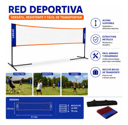 Red Deportiva Ajustable Vóley Bádminton Fútbol Tenis 3,1m Multicolor
