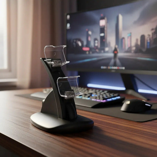 Base Cargador Doble Joystick Consolas Usb Indicador Led P4 Negro