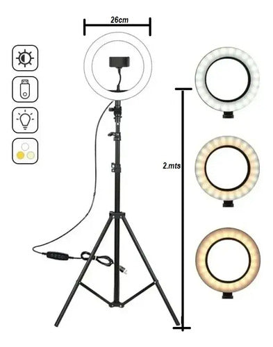 Anillo Aro Luz Led Con Tripode Flexible 2m Soporte 3 Niveles Negro Blanco