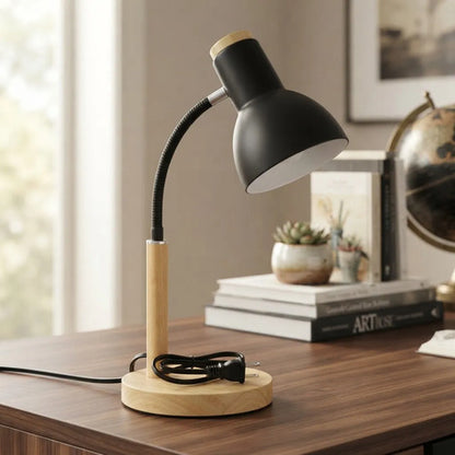 Lámpara Mesa Escritorio Flexible Base Madera E27 Negro