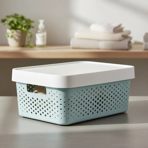 Canasto Plastico Calado Tapa Asas 37x28x15cm Organizador Celeste