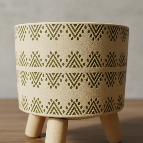 Maceta Ceramica Patas Madera 14x12cm Decorativa Hogar Planta Beige