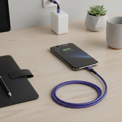 Cable Usb Tipo C A Ios Reforzado Carga Y Datos 1 Metro Nylon Azul