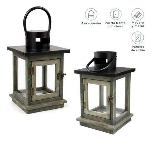 Farol Decorativo Rústico Portavelas Madera Metal 26x15cm Gris Envejecido Con Negro