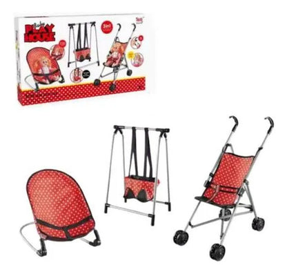 Set Infantil Coche Hamaca Silla Para Muñecas 3 Piezas Rojo