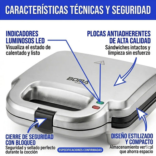 Sandwichera Electrica 750w Antiadherente Acero Inoxidable Eq Negro
