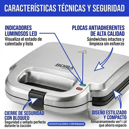 Sandwichera Electrica 750w Antiadherente Acero Inoxidable Eq Negro
