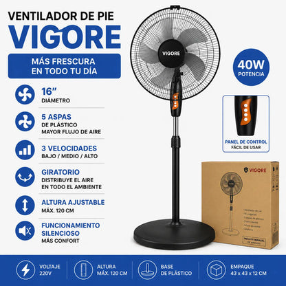 Ventilador De Pie 16 Pulgadas 5 Aspas Plástico 40w Ajustable 40.64 Cm Negro