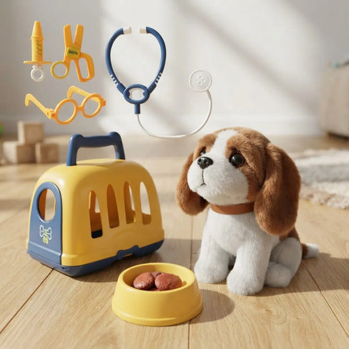 Set Veterinario Infantil Mascota Peluche Jaula Accesorios Amarillo Y Azul