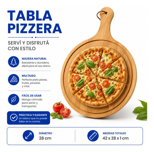 Tabla Pizzera Redonda Madera 28cm Mango Picar Cortar Clásico