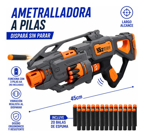 Pistola Lanzadora Espuma 20 Dardos Vibración Pilas 45cm Gris Negro Y Naranja