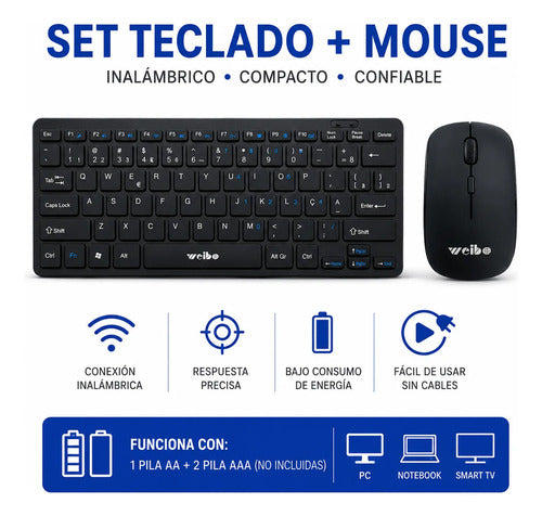 Combo Set Teclado Mouse Inalambrico Usb Pc Notebook Oficina Negro