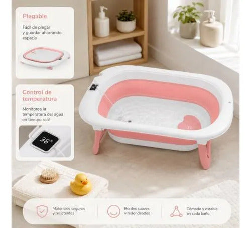 Bañera Infantil Plegable Termómetro Digital 75x47cm Plástico Salmón