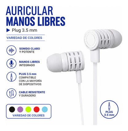 Auricular In Ear 3.5 Mm Manos Libres Cable Audio Estéreo Aleatorio - 5 Colores