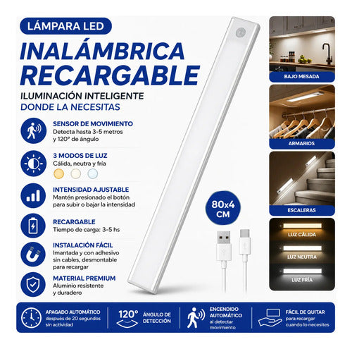 Lámpara Led Sensor Movimiento Recargable Magnética 80cm Cálida / Neutra / Fría