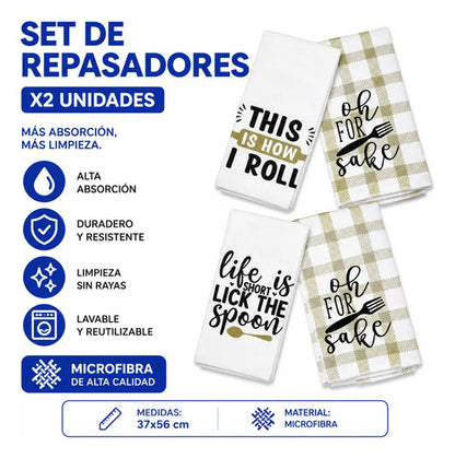 Set De Repasadores De Cocina Microfibra Pack X2 37x56 Cm Aleatorio