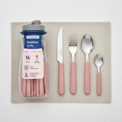 Set Juego De Cubiertos Acero Inoxidable Pack X16 Piezas Rosa