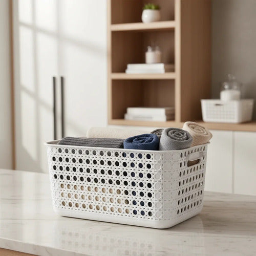 Caja Organizadora Canasto Plástico Calada 37x28x20 Cm Blanco