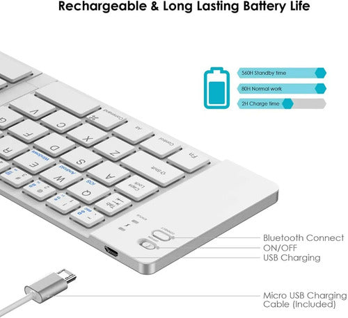 Mini Teclado Inalambrico Plegable Portatil, Bluetooth Blanco