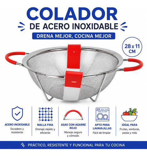 Colador Acero Inoxidable 28c Malla Fina Cocina Fruta Verdura Plateado