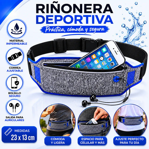 Riñonera Deportiva Porta Celular Ajustable Impermeable Gris Con Azul Liso