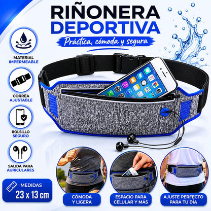 Riñonera Deportiva Porta Celular Ajustable Impermeable Gris Con Azul Liso