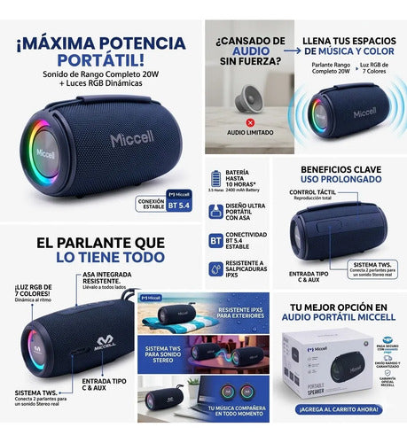Parlante Inalambrico Rgb 20w Bluetooth 5.4 Ios Android Ios Negro